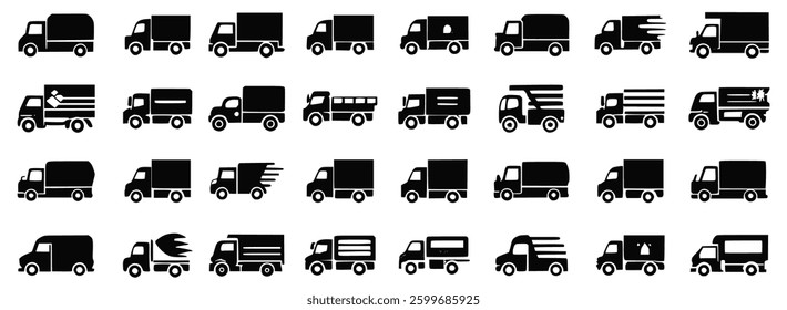 fast delivery truck icon set featuring shipping, cargo transport, and express logistics symbols. Perfect for e-commerce, courier services, online orders, and global fulfillment. Vector illustration.