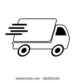 Fast delivery truck icon. Vector concept of shipping service. Symbol of transport van or package courier. Illustration of speed moving lorry symbol isolated on white background.