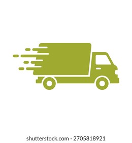 Fast delivery truck icon vector illustration. Green shipping van moving with speed motion lines. Logistics, courier, and transportation service logo concept.