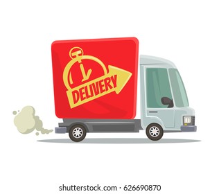 Fast delivery truck isolated red car moving. Side view. Vector flat cartoon illustration