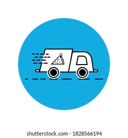 Fast delivery truck minimalist vector icon for app and website. Food express delivery with striped symbol showing speed in blue circle, pizza image beside vehicle.