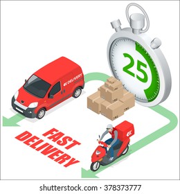 Fast delivery truck, motobike, stopwatch.  Vector 3d isometric illustration