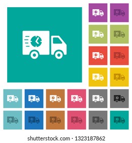 Fast delivery truck multi colored flat icons on plain square backgrounds. Included white and darker icon variations for hover or active effects.