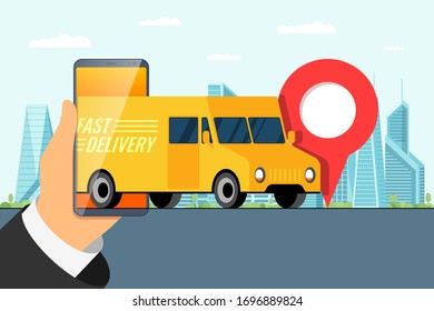Concepto de aplicación de servicio de pedidos de coches de entrega rápida. Teléfono inteligente con geotag gps localizacion localizacion localizacion localizacion localizacion localizacion localizacion en la calle de la ciudad y concepto de envío expreso de carga. Vector plano de aplicación en línea