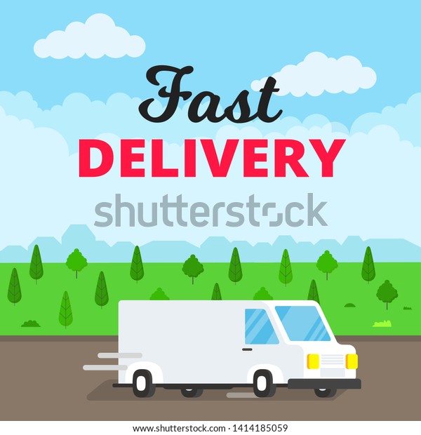 Fast delivery\
truck service on the road. Car van with landscape behind flat style\
design vector illustration isolated on light blue background. \
Symbol of delivery\
company.