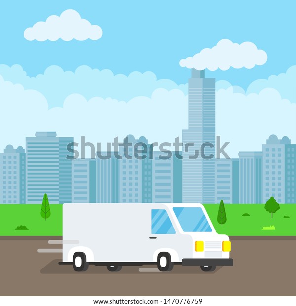 Fast delivery\
truck service on the road. Car van with city landscape behind flat\
style design vector illustration isolated on light blue background.\
 Symbol of delivery\
company.