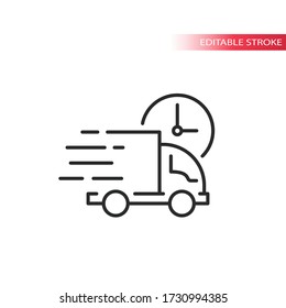 Fast delivery truck with speed lines and a clock thin line vector icon. Editable stroke.