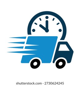 Fast delivery truck with speeding motion lines and clock rapid transportation service icon