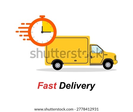 Fast delivery with truck. Timely, express moving service with timer. Order shipping on time, quick dispatch. vector illustration