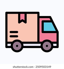 Entrega rápida caminhão vetor ícone, caixa de entrega, pacote de entrega, ícone de transporte gratuito. Ícone De Vetor De Cor Linear Isolado.