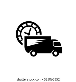 Fast delivery truck vector icon. Van car with clock timer black logo.