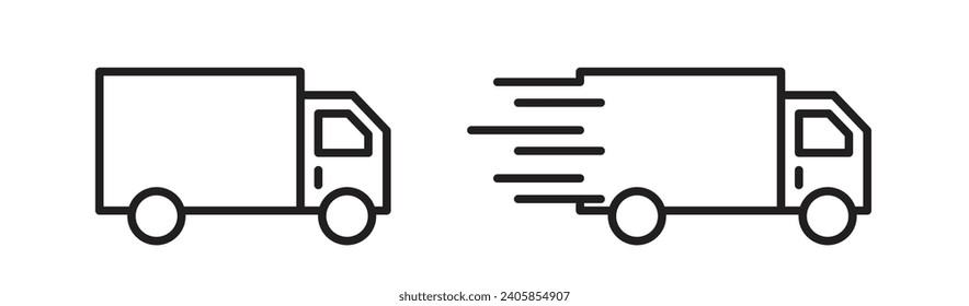 fast delivery truck vehicle icon set. black moving shipping van vector symbol. distribution logistics truck thin line sign