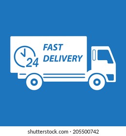 Fast delivery truck. White on blue background. Transportation icon or sign. Vector illustration.