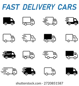 Fast delivery trucks icon set. Delivery car icon set. Outline and fill Fast Delivery car icon. Fast delivery truck for shipping. Vector illustration.