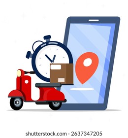 Fast delivery using scooter concept. Online business delivery with courier. Mobile online map navigation on smartphone screen. Scooter with stopwatch and pin.