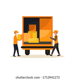 Fast delivery van. Courier provides free delivery of box or postal parcels to the address. Man with cardboard boxes. Vector illustration in flat style