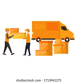 Fast delivery van.  
Courier provides free delivery of box or postal parcels to the address. Man with cardboard boxes. Vector illustration in flat style