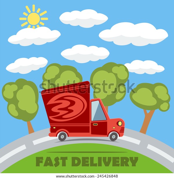 Fast delivery van truck\
with fire vinyl logo on the road with trees, clouds and sun. Vector\
concept.