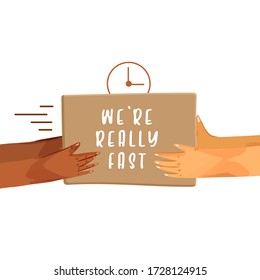 Banner de dibujos animados vectoriales de entrega rápida para Servicios de entrega y comercio electrónico aislados en fondo blanco. Manos dando un paquete y manos recibiendo un paquete con un icono de reloj en la parte superior