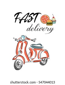 Fast delivery. Vector cartoon illustration. Vintage style. Food service. Retro bike. Icon, logo, design elements.