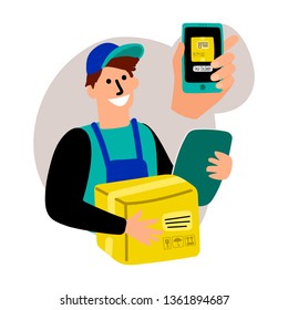 Fast delivery vector concept. Happy delivery boy and tracking number on screen illustration