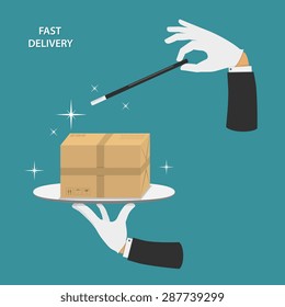 Fast delivery vector conceptual illustration. Hands of magician made parcel by magic wand.