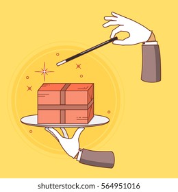 Fast delivery vector conceptual illustration. Hand of magician made parcel by magic wand.
