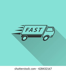Fast delivery vector icon with long shadow. Black illustration isolated on green background for graphic and web design.