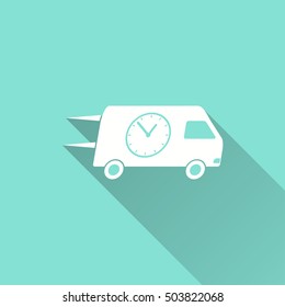 Fast delivery vector icon with long shadow. White illustration isolated on green background for graphic and web design.