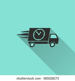 Fast delivery vector icon with long shadow. Black illustration isolated on green background for graphic and web design.
