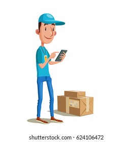 Fast delivery. Vector illustration of courier in blue uniform receiving the web order on phone.