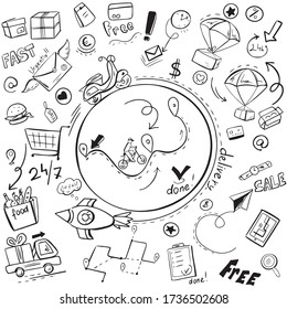 Fast delivery vector illustration. Doodle delivery icons set. Hand drawn logistic icons