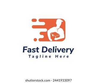 Fast Delivery Vector Illustration. Delivery Man with Courier Holding Box Logo Design.