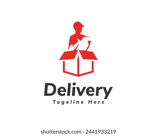 Fast Delivery Vector Illustration. Delivery Man with Courier Holding Box Logo Design.