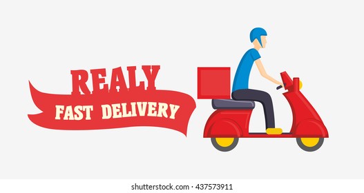 Fast delivery vector illustration with man courier worker riding scooter isolated on white background