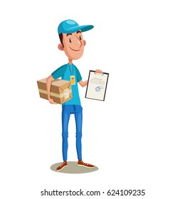 Fast delivery. Vector illustration of young courier in blue uniform with a box and tablet. Man  with parcel proposing document for sign.