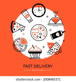 Fast delivery - vector line design style poster with icons arranged in a spot light on red background. High quality images for a cafe and online shop. Slice, preparation time, serving dish.