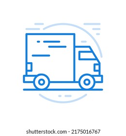 
Fast Delivery Vector Line Icon. Mail Truck Is Driving Along Road. Logistic Commercial Express Package With Free Shipping. Moving Goods Around World With Delivery Parcel To Office And Home.