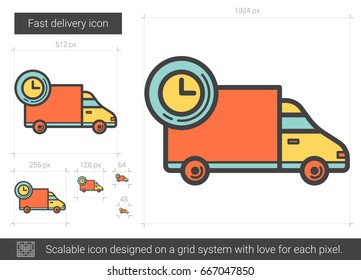 Fast delivery vector line icon isolated on white background. Fast delivery line icon for infographic, website or app. Scalable icon designed on a grid system.