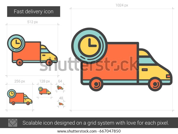 Fast delivery vector line icon\
isolated on white background. Fast delivery line icon for\
infographic, website or app. Scalable icon designed on a grid\
system.