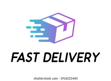 fast delivery vector logo icon with lettering isolated on white background. Delivery box illustration for brand business logotype