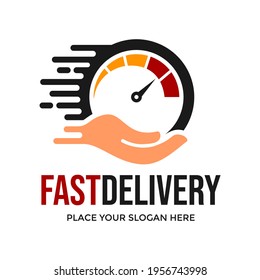 Fast delivery vector logo template. This design use hand and speedometer icon. Suitable for business