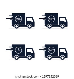 Fast delivery Vector truck icon set in flat style isolated on white.