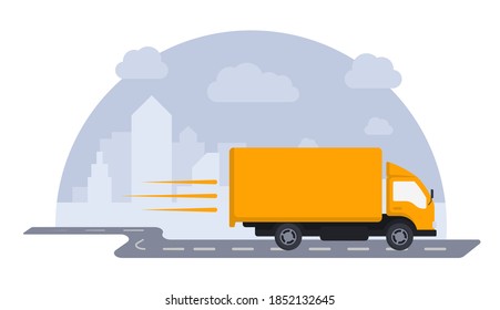 Fast Delivery Vector Truck or Lorry On Road With City Background.