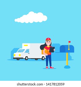Fast delivery vehicle car van and girl character with clipboard and box on it flat style design vector illustration isolated on light blue background.  Symbol of delivery company.