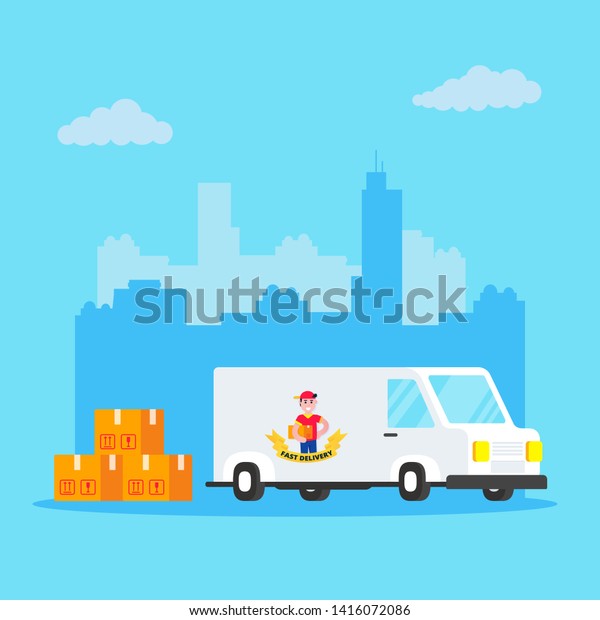 Fast delivery\
vehicle car van flat style design with city behind vector\
illustration isolated on light blue background. Cargo auto truck\
for shipment business with pile of\
boxes.