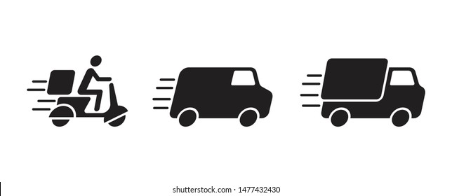 Fast delivery vehicles icon symbol. Motorcycle truck and van delivery. Silhouette flat design for apps and websites, Isolated on white background, Vector illustration