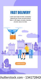 Fast Delivery Vertical Banner with Copy Space. Young Guy Sitting in Park on Bench with Laptop. Drone Carry Box. Future Logistics Technology, Shipment with Quadcopter. Cartoon Flat Vector Illustration