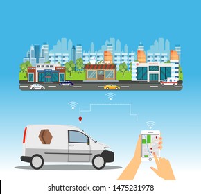 Fast delivery via app on smartphone concept. Vector of a company van delivering a box and a man tracking an order on smartphone
