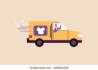 Fast delivery of washing machine to customer via van. Laundry concept. Flat vector illustration isolated. 